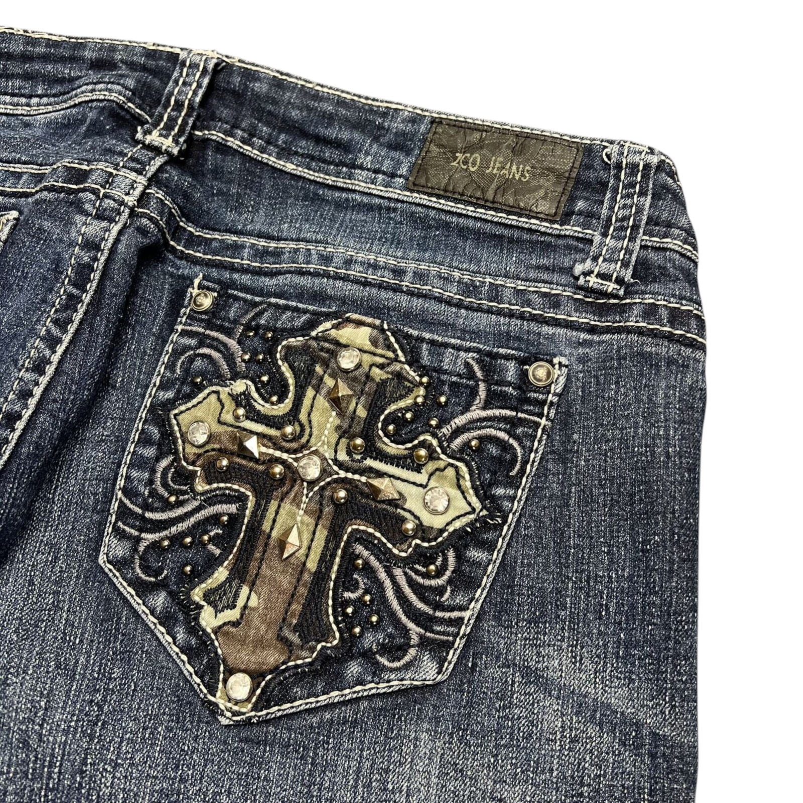 TWC Vintage Damen Y2K Bootcut Jeans in Dunkelblau mit bestickter Kreuz-Gesäßtasche und Strasssteinen