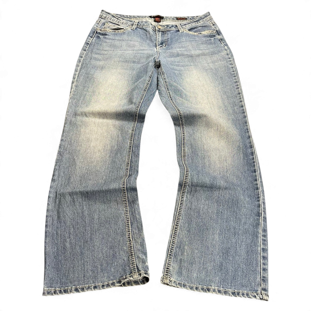 TWC Vintage Damen Y2K Bootcut Jeans in verwaschenem Blau mit Kontrastnähten und ausgestelltem Bein