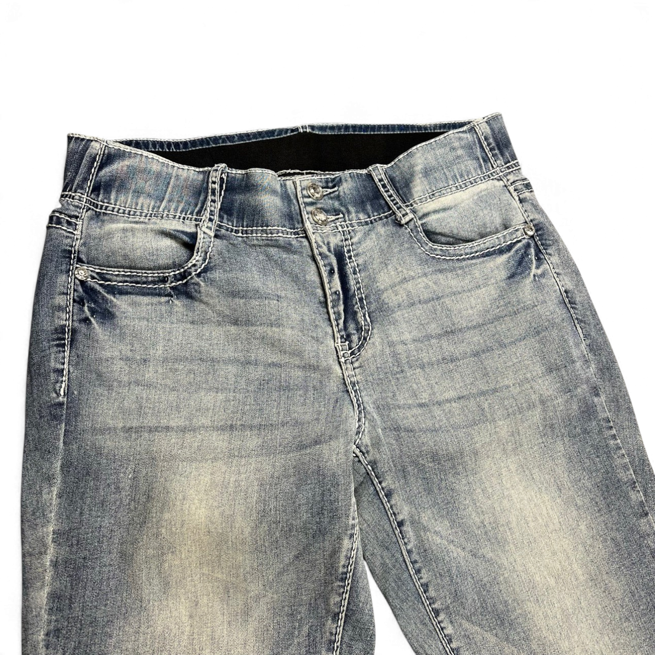 TWC Vintage Damen Y2K Bootcut Jeans in verwaschenem Blau mit Kontrastnähten und Knopfverschluss