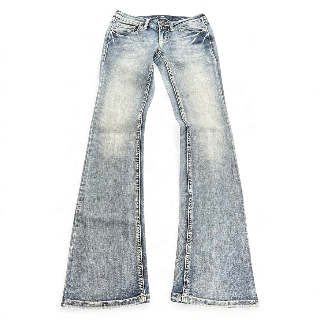 TWC Vintage Damen Y2K Bootcut Jeans in verwaschenem Blau mit niedrigem Bund und ausgestelltem Bein