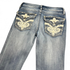 TWC Vintage Damen Y2K Bootcut Jeans in Blau mit aufwendigen Stickereien und Strasssteinen auf den Gesäßtaschen