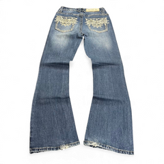 TWC Vintage Damen Y2K Bootcut Jeans in Blau mit floraler Stickerei auf den Gesäßtaschen und ausgefransten Säumen