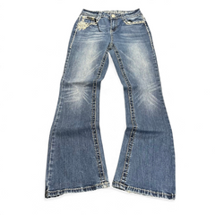 TWC Vintage Damen Y2K Bootcut Jeans in Blau mit Ziernähten und Stickerei an der Hüfte