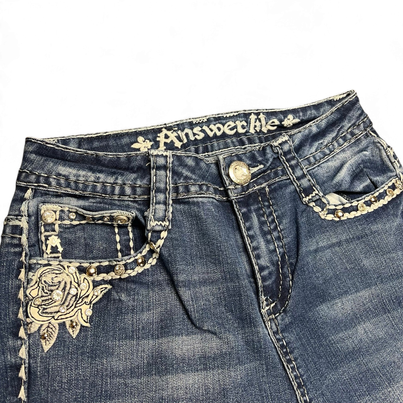 TWC Vintage Damen Y2K Bootcut Jeans in Blau mit aufwendigen Stickereien, Strasssteinen und Ziernähten an der Tasche