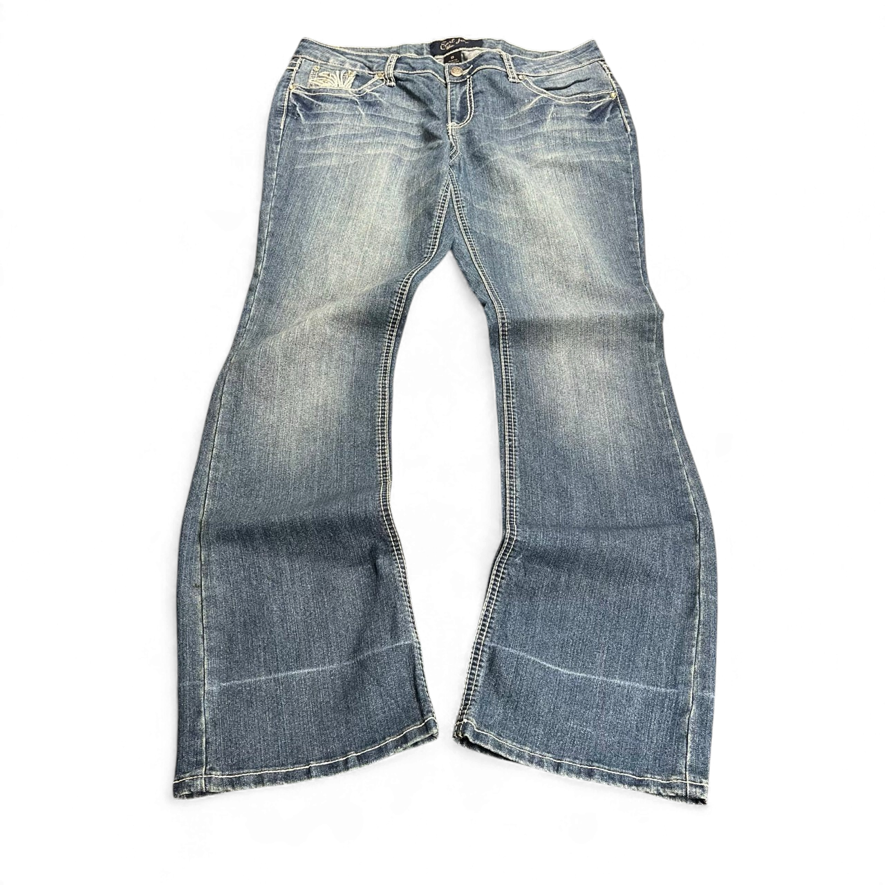 TWC Vintage Damen Y2K Bootcut Jeans in verwaschenem Blau mit Ziernähten und niedrigem Bund