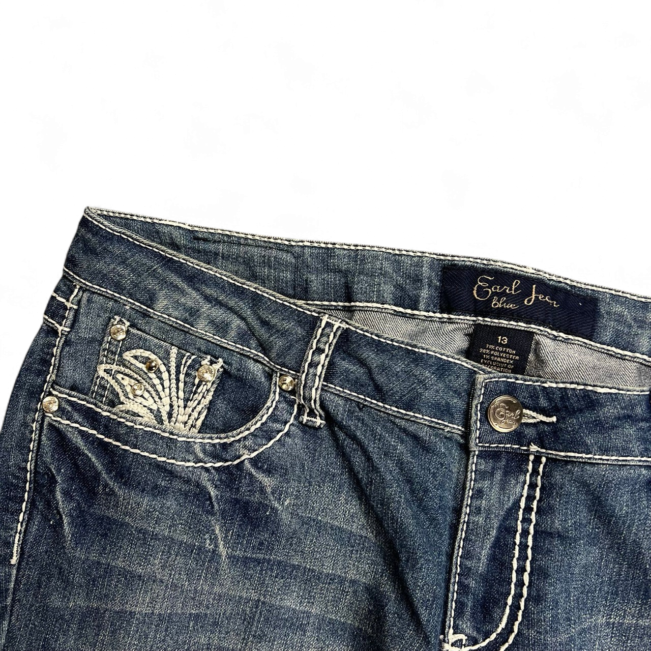 TWC Vintage Damen Y2K Bootcut Jeans in Blau mit bestickter Münztasche und Strasssteinen
