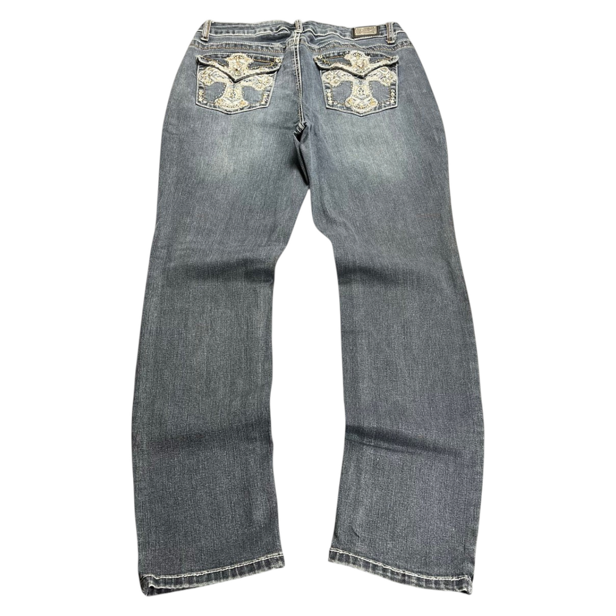 TWC Vintage Damen Y2K Skinny Jeans in Dunkelblau mit verzierten Gesäßtaschen und Strass-Stickereien