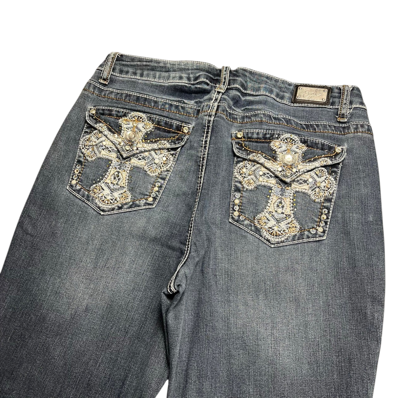 TWC Vintage Damen Y2K Skinny Jeans in Blau mit aufwendigen Kreuz-Stickereien und Perlenverzierungen an den Gesäßtaschen