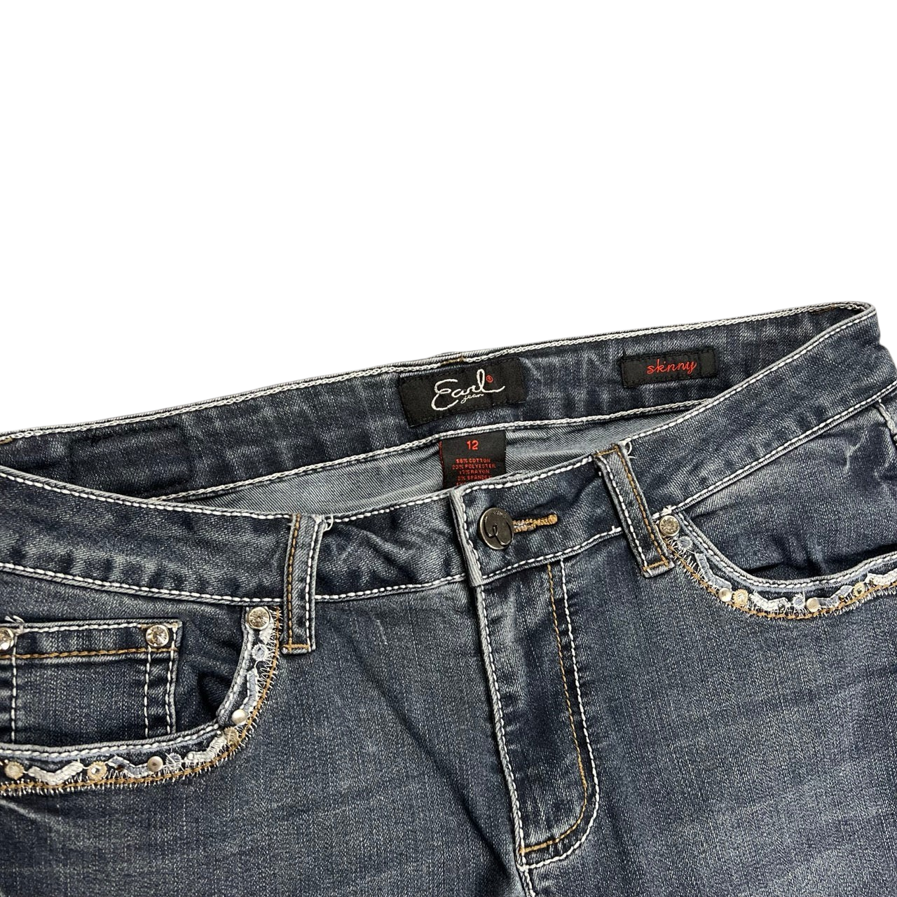 TWC Vintage Damen Y2K Skinny Jeans in Dunkelblau mit Strassverzierungen an den Taschen und Kontrastnähten
