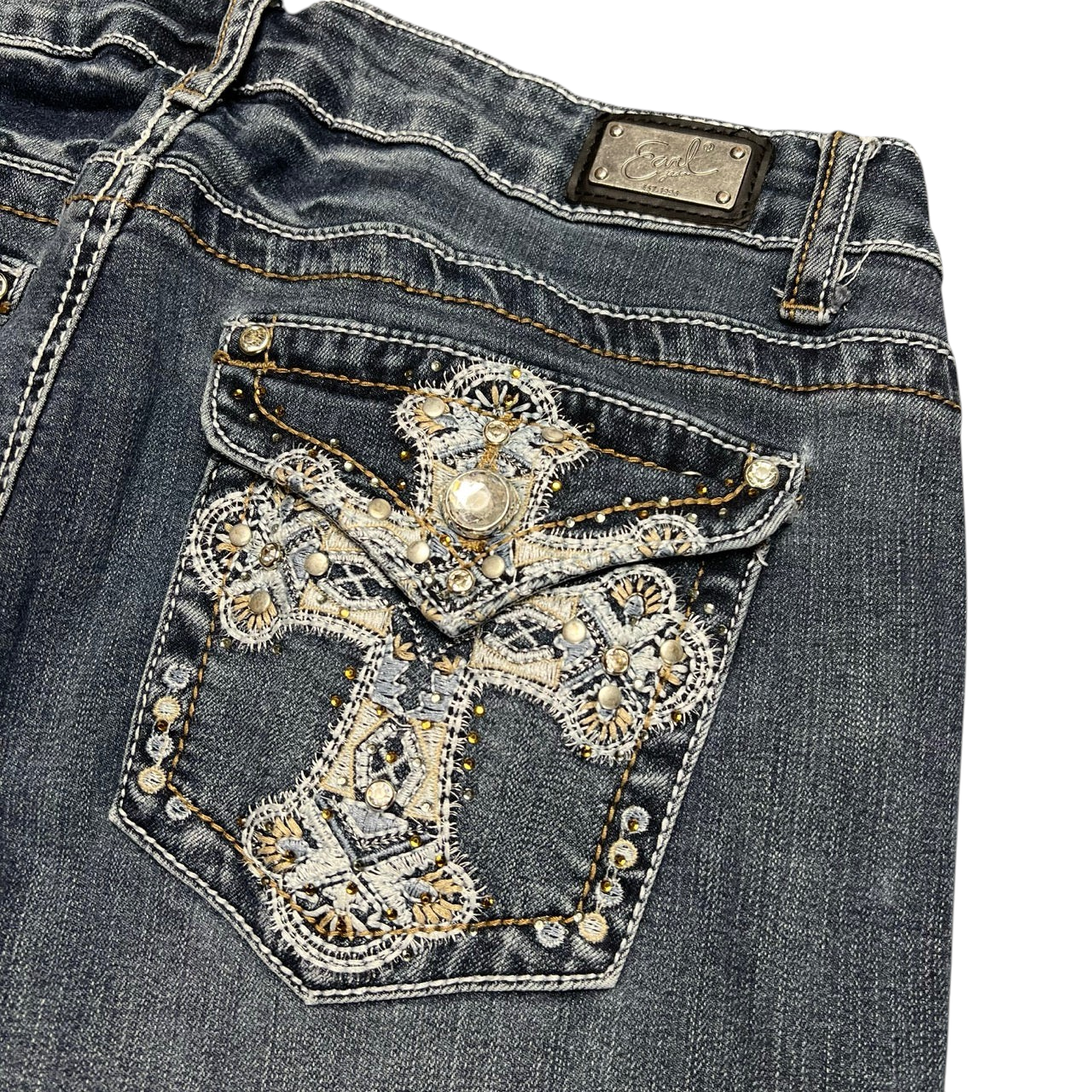 TWC Vintage Damen Y2K Skinny Jeans mit aufwendig bestickter Gesäßtasche in Kreuz-Optik und Strasssteinen