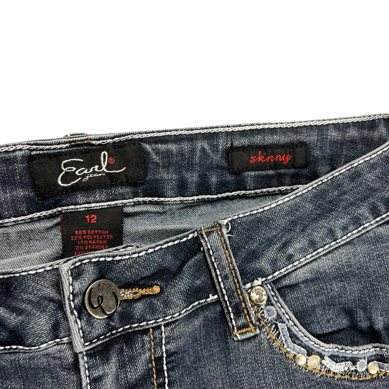 TWC Vintage Earl Jeans Skinny Damenjeans in Blau mit Ziersteinen und Kontrastnähten