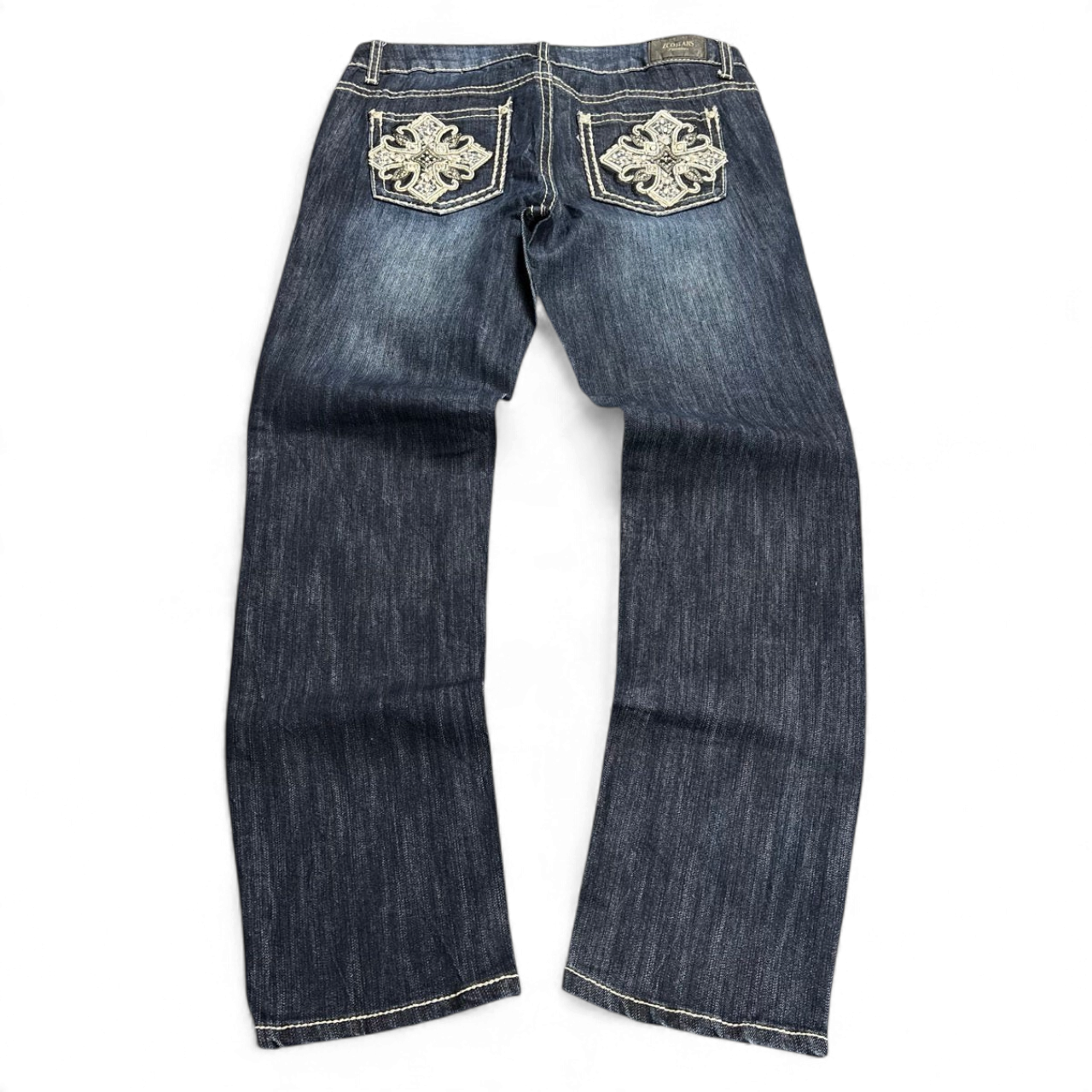 TWC Vintage Damen Y2K Jeans in Dunkelblau mit geradem Schnitt und aufwendigen Stickereien auf den Gesäßtaschen