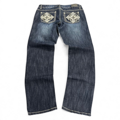 TWC Vintage Damen Y2K Jeans in Dunkelblau mit geradem Schnitt und aufwendigen Stickereien auf den Gesäßtaschen