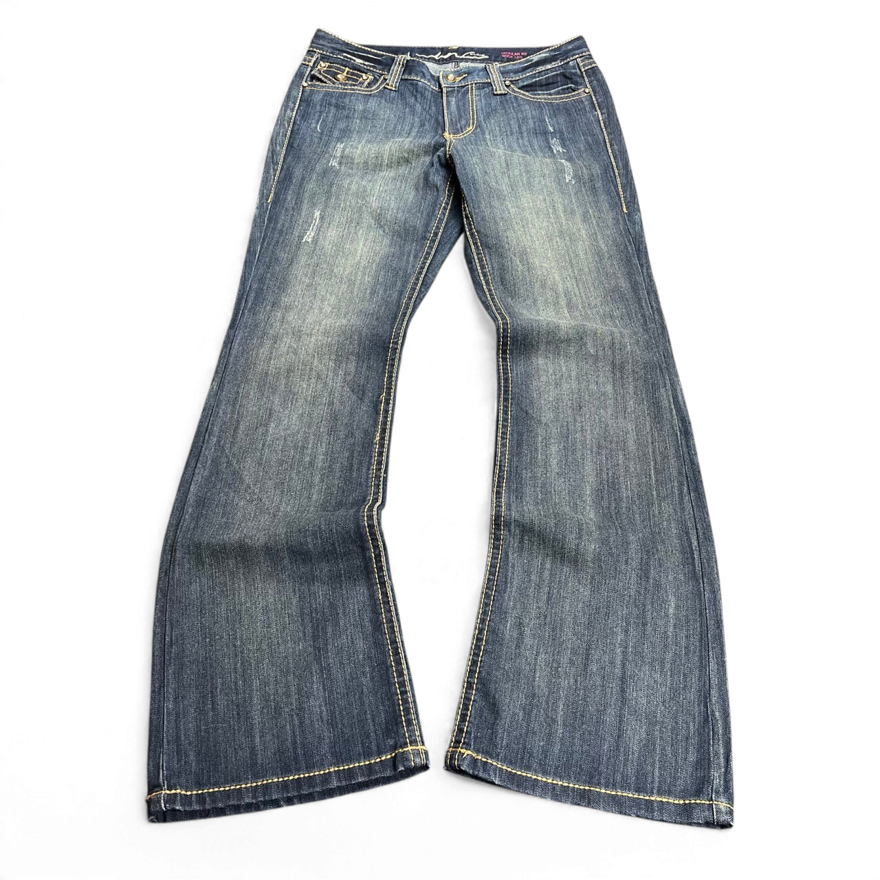 TWC Vintage Damen Y2K Bootcut Jeans in verwaschenem Blau mit Kontrastnähten und Distressed-Details