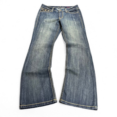 TWC Vintage Damen Y2K Bootcut Jeans in verwaschenem Blau mit Kontrastnähten und Distressed-Details