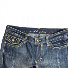 TWC Vintage Damen Y2K Bootcut Jeans in Dunkelblau mit Kontrastnähten und Strasssteinen an den Taschen