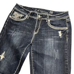 TWC Vintage Damen Y2K Bootcut Jeans in Dunkelblau mit hellen Kontrastnähten und Used-Look-Details