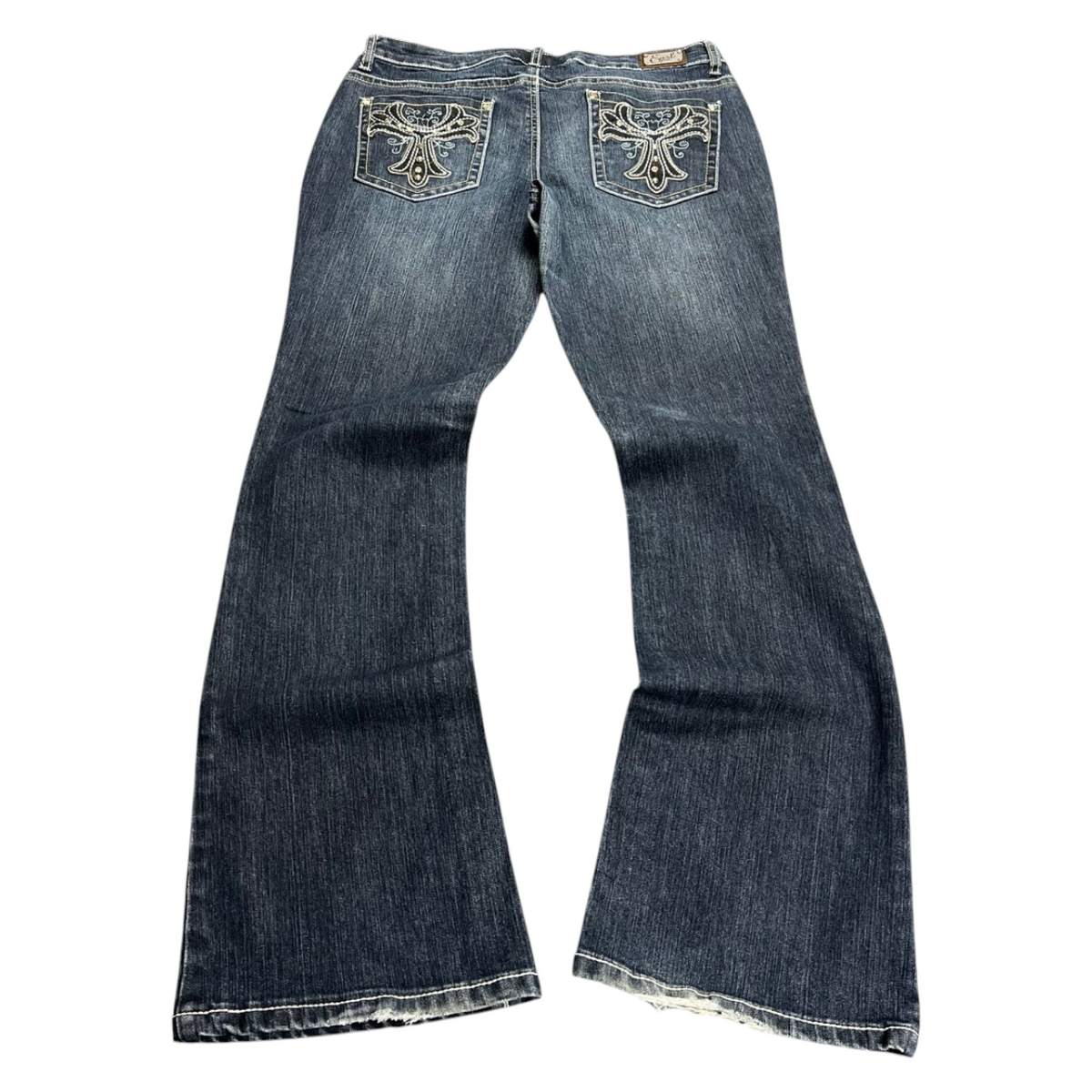 TWC Vintage Damen Y2K Bootcut Jeans in Dunkelblau mit verzierten Gesäßtaschen und ausgefranstem Saum