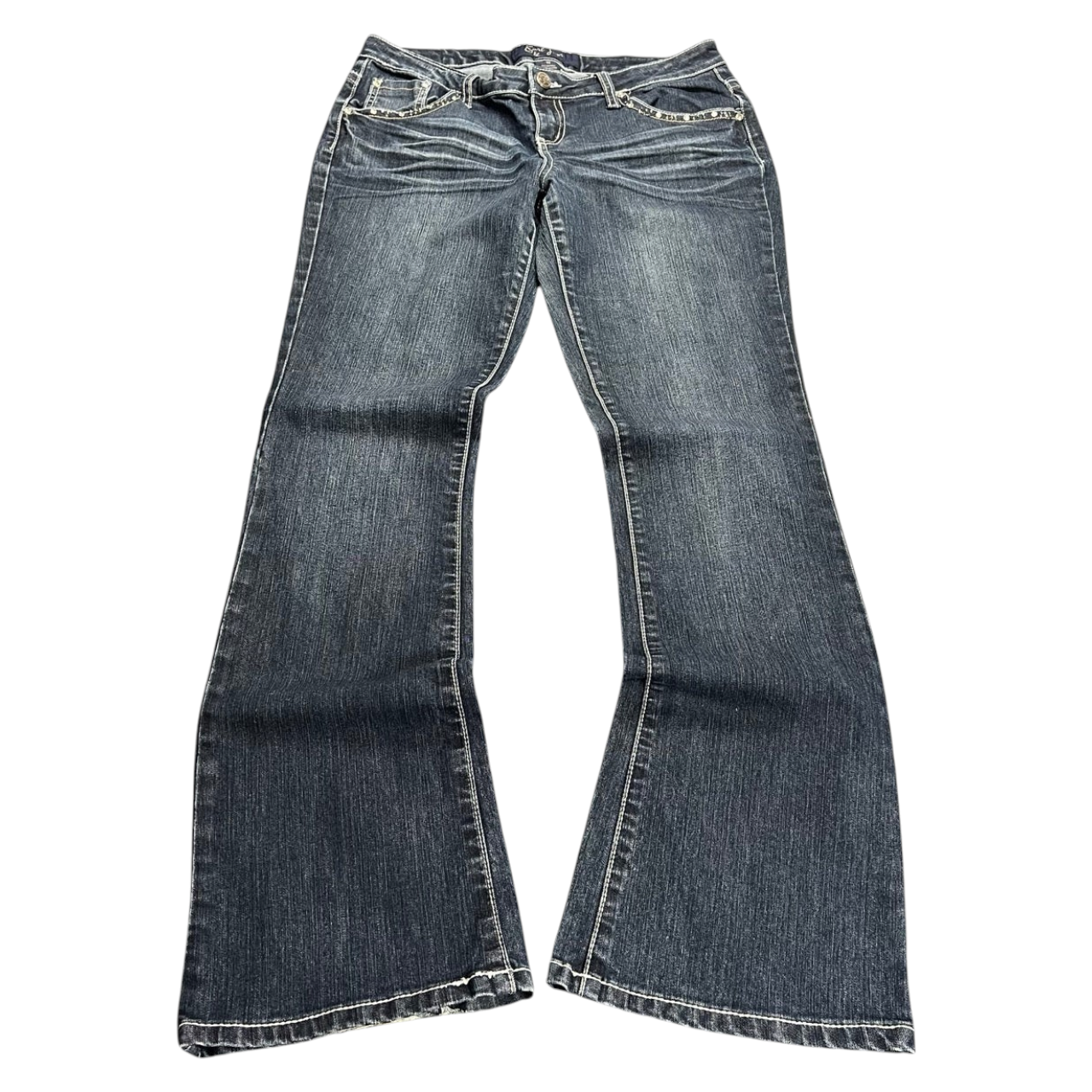 TWC Vintage Damen Y2K Bootcut Jeans in Dunkelblau mit verwaschener Optik und Ziernähten an den Taschen