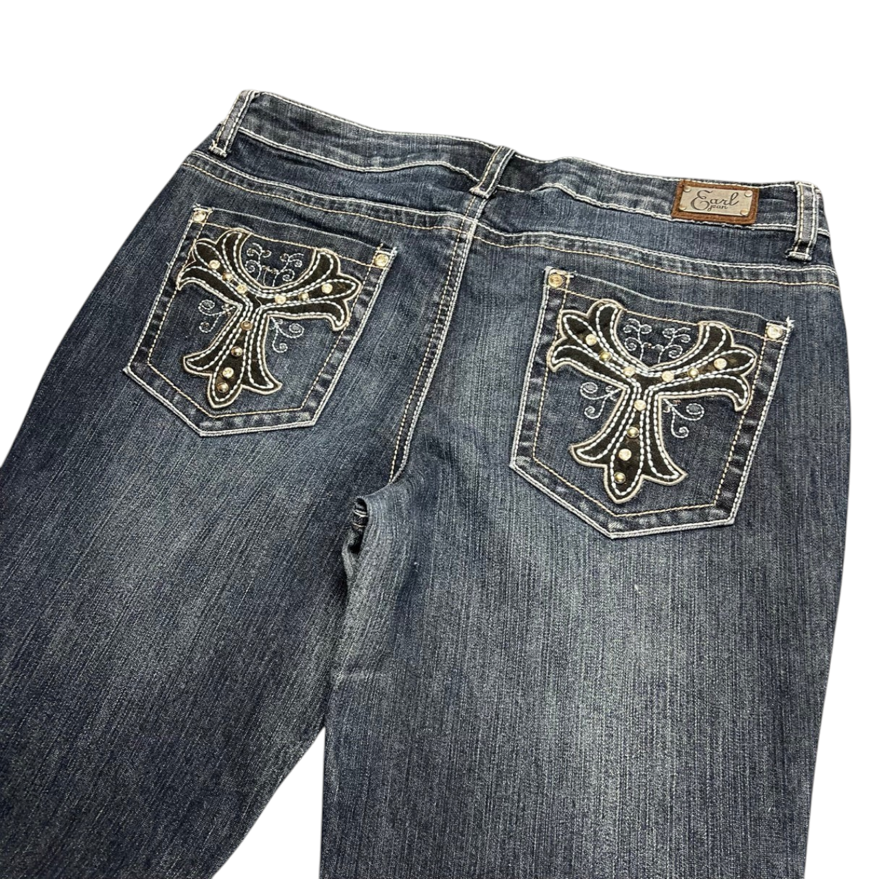 TWC Vintage Damen Y2K Bootcut Jeans in Dunkelblau mit aufwendigen Stickereien und Strasssteinen auf den Gesäßtaschen