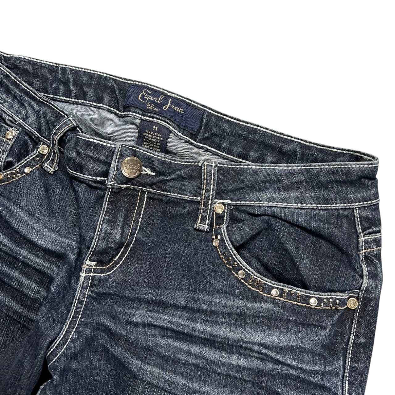 TWC Vintage Damen Y2K Bootcut Jeans in Dunkelblau mit Strass-Details an den Taschen und Kontrastnähten