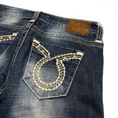 TWC Vintage Damen Y2K Jeans in Dunkelblau mit aufwendigen Stickereien und Strasssteinen auf der Gesäßtasche