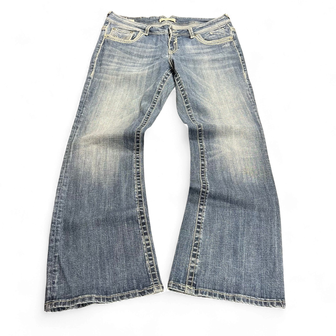 TWC Vintage Damen Y2K Bootcut Jeans in verwaschenem Blau mit Ziernähten und niedrigem Bund
