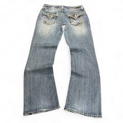 TWC Vintage Damen Y2K Bootcut Jeans in verwaschenem Blau mit verzierten Gesäßtaschen und Knopfdetails