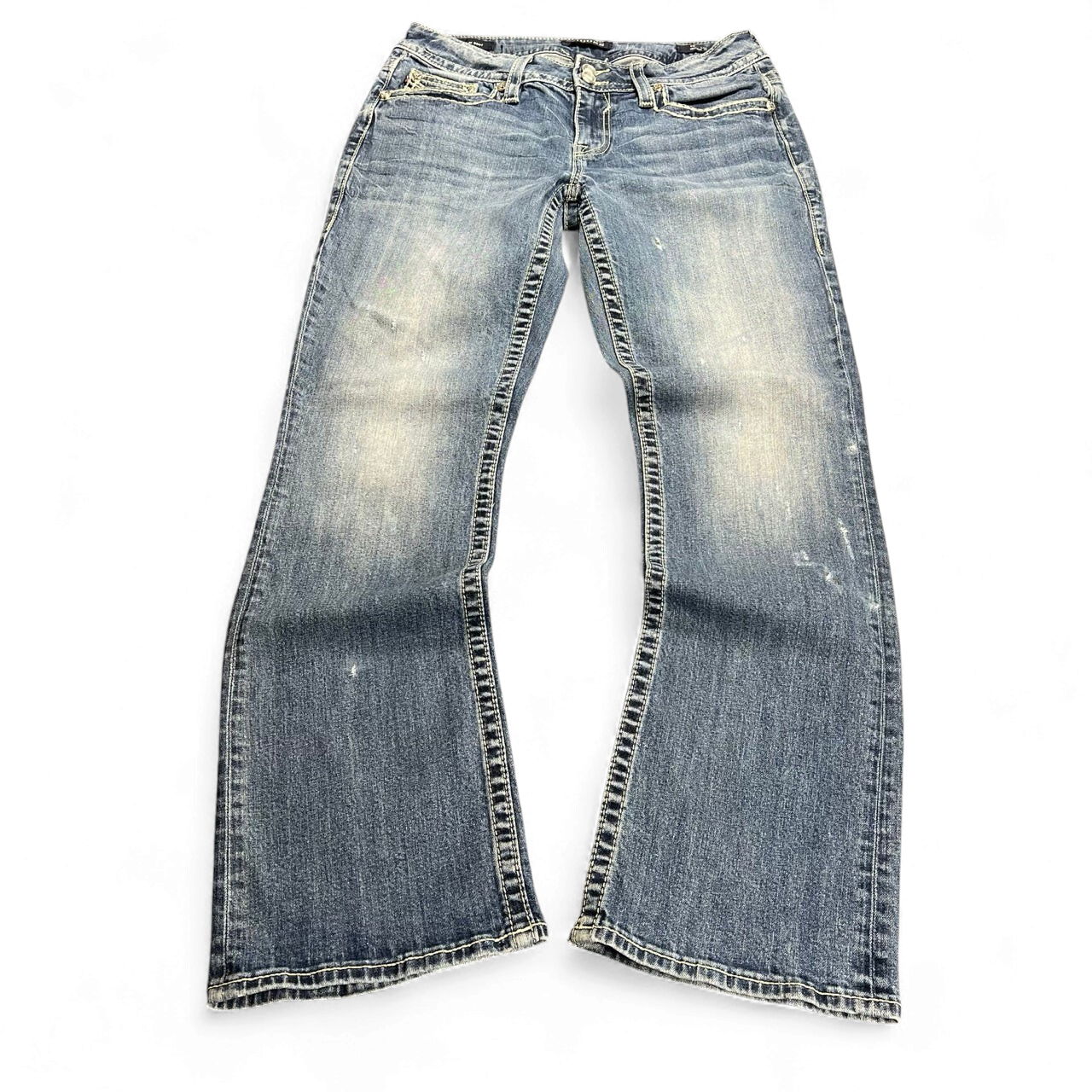 TWC Vintage Damen Y2K Bootcut Jeans in verwaschenem Blau mit Kontrastnähten und leichtem Distressed-Look