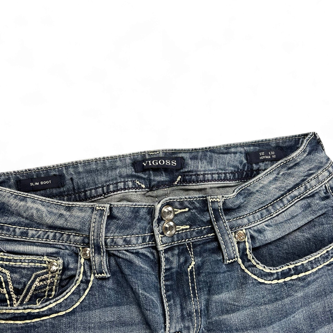 TWC Vintage Damen Y2K Vigoss Bootcut Jeans in Blau mit Ziernähten und Doppelknopfverschluss