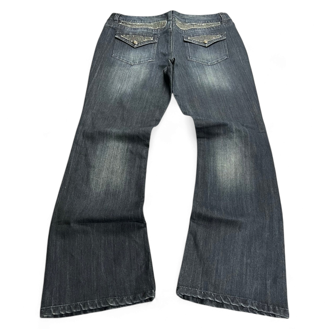 TWC Vintage Damen Y2K Bootcut Jeans in Dunkelblau mit verzierten Gesäßtaschen und verwaschener Optik