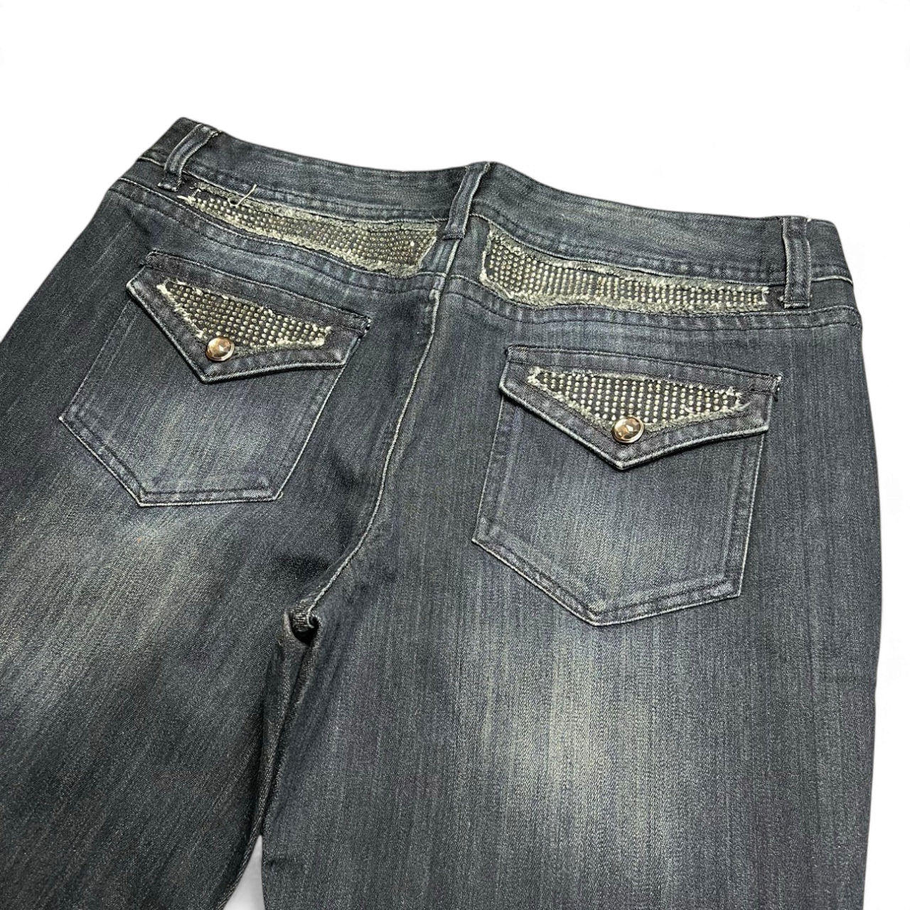 TWC Vintage Damen Y2K Bootcut Jeans in Dunkelblau mit Strassverzierungen an den Gesäßtaschen und am Bund