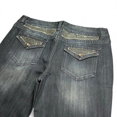 TWC Vintage Damen Y2K Bootcut Jeans in Dunkelblau mit Strassverzierungen an den Gesäßtaschen und am Bund