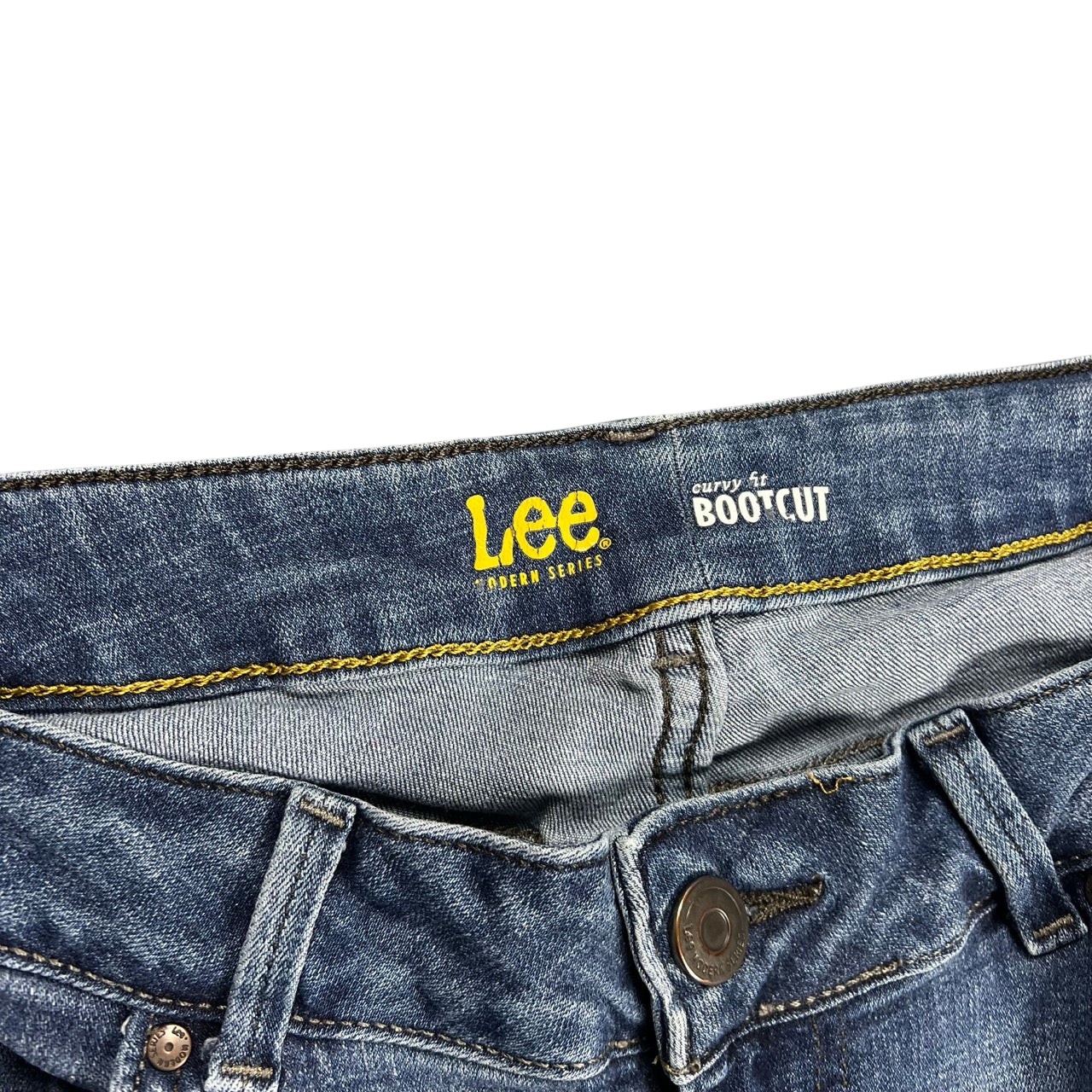 TWC Vintage Damen Lee Bootcut Jeans in Blau mit gelben Ziernähten und klassischem Knopfverschluss