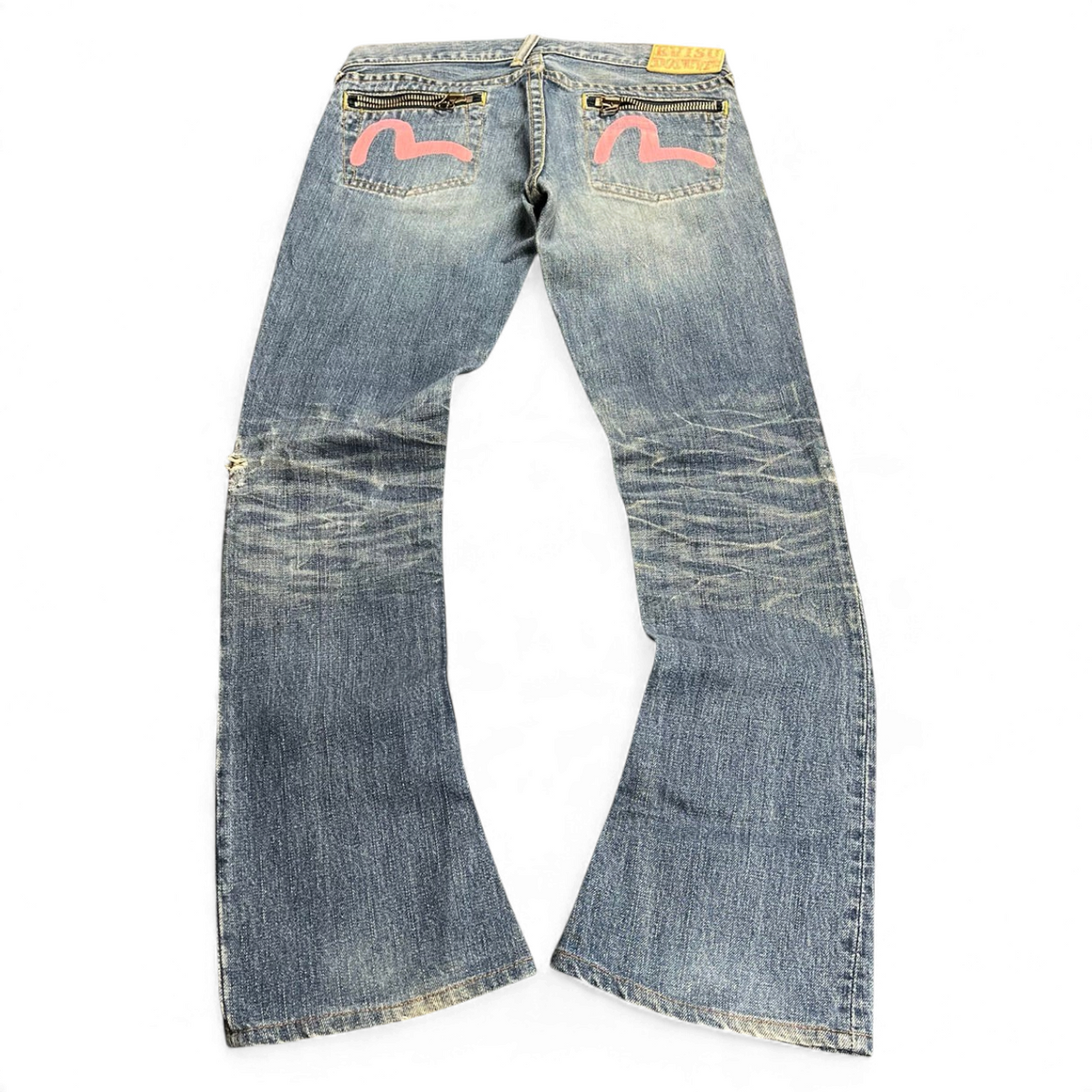 TWC Vintage Evisu Damen Jeans in Blau mit geradem Schnitt, rosa Logo-Print und Reißverschlusstaschen hinten