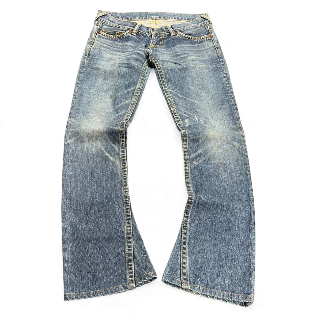 TWC Vintage Evisu Damen Straight Leg Jeans in verwaschenem Blau mit Kontrastnähten und Vintage-Waschung