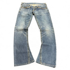 TWC Vintage Evisu Damen Straight Leg Jeans in verwaschenem Blau mit Kontrastnähten und Vintage-Waschung