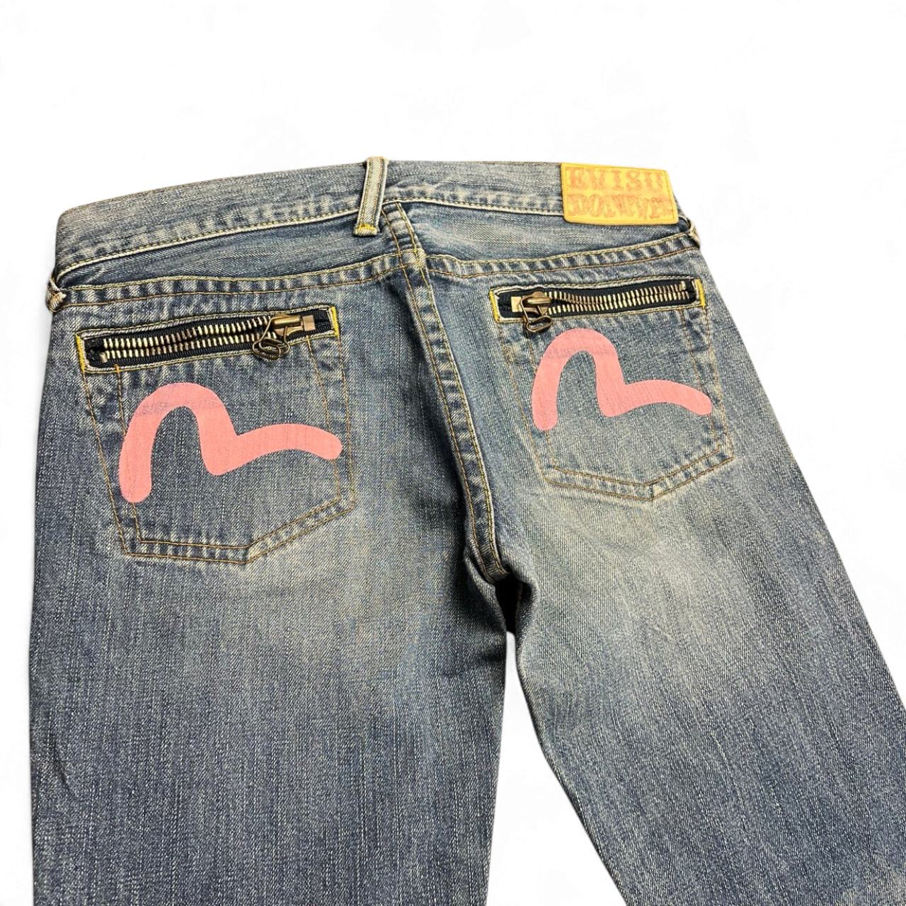 TWC Vintage Evisu Damen Jeans in Blau mit rosa Seagull-Print und Reißverschlusstaschen auf der Rückseite
