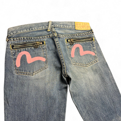 TWC Vintage Evisu Damen Jeans in Blau mit rosa Seagull-Print und Reißverschlusstaschen auf der Rückseite