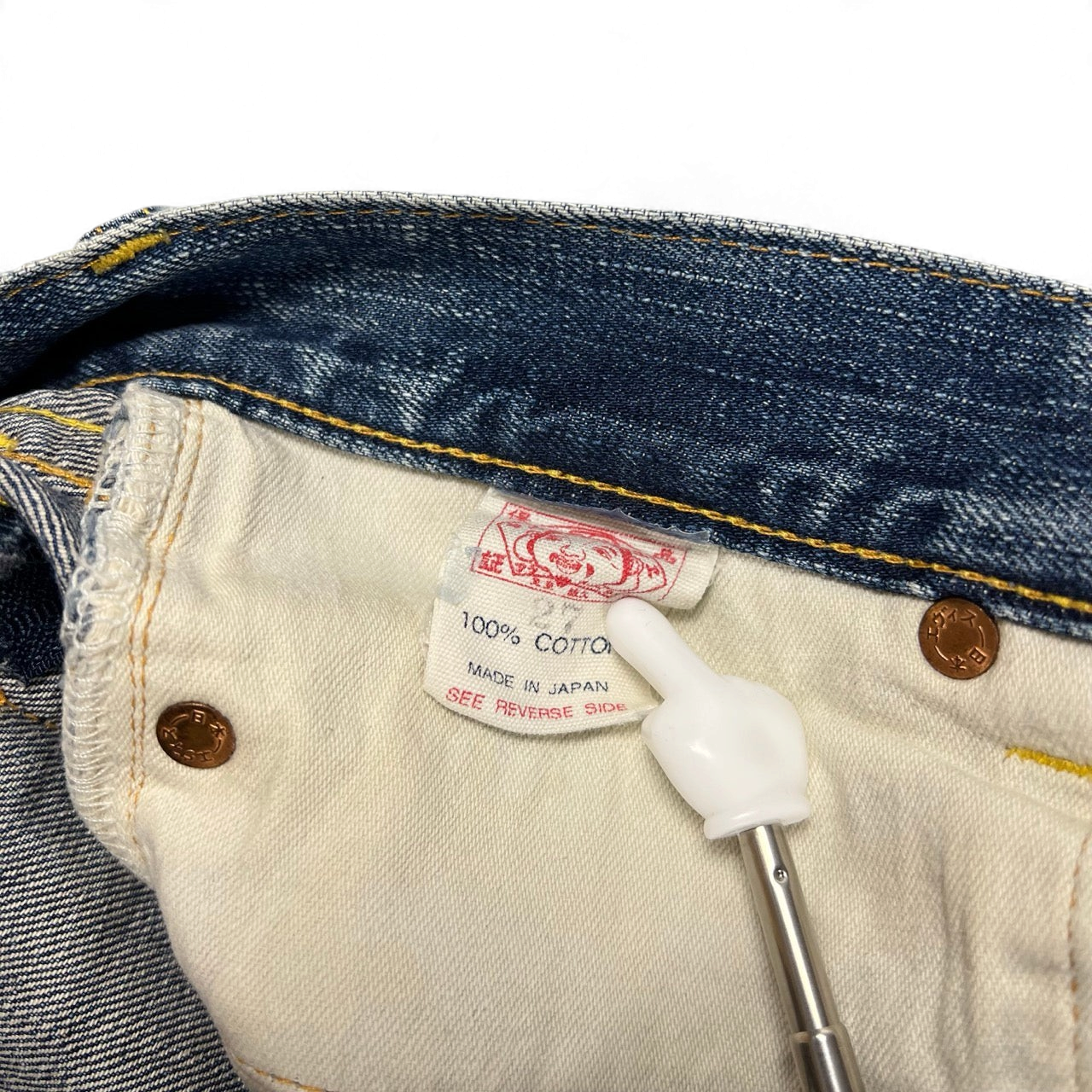 TWC Vintage Evisu Damen Jeans Innenetikett mit 100 Prozent Baumwolle Made in Japan Schriftzug