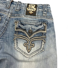 TWC Vintage Rock Revival Bootcut Jeans mit aufwendig bestickter Gesäßtasche und Leder-Patch in hellem Denim-Blau