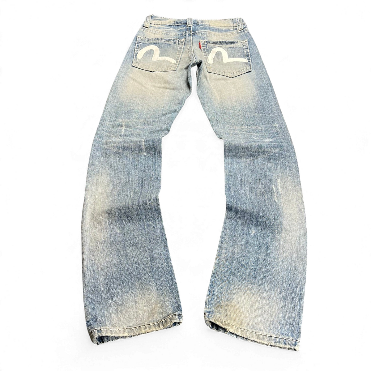 TWC Vintage Evisu Damen Jeans mit geradem Bein in verwaschenem Blau und ikonischem weißem Möwen-Print auf den Taschen