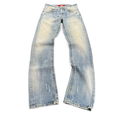TWC Vintage Evisu Damenjeans in hellem Blau mit Straight-Leg-Schnitt und Used-Look-Details