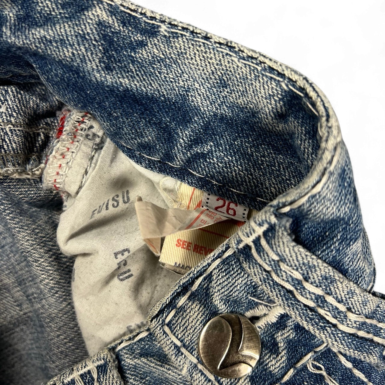 TWC Vintage Evisu Damen Jeans mit verwaschenem Denim und Etikett in Größe 26