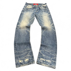 TWC Vintage women's straight leg blue denim jeans with distressed whiskering and frayed hems