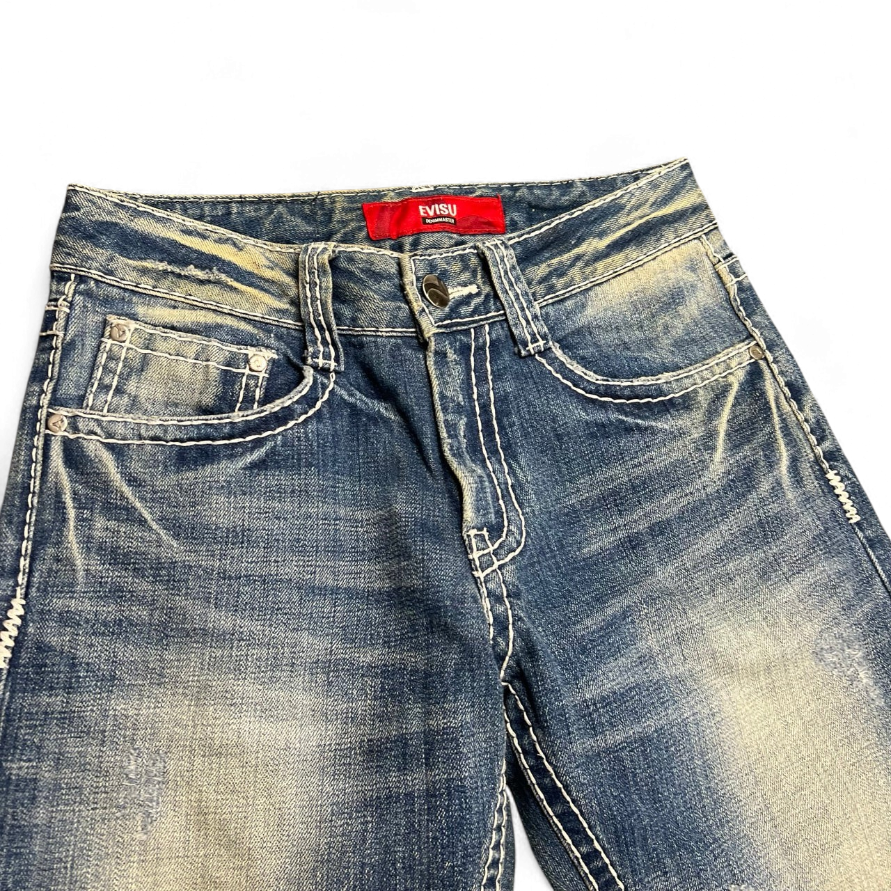 TWC Vintage Evisu straight leg blue denim jeans with distressed wash and contrast stitching
