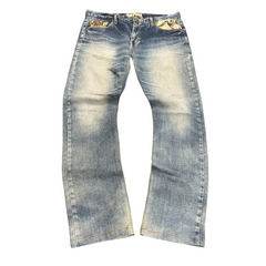 TWC Vintage Evisu straight leg jeans in light blue denim with decorative patterned pocket details