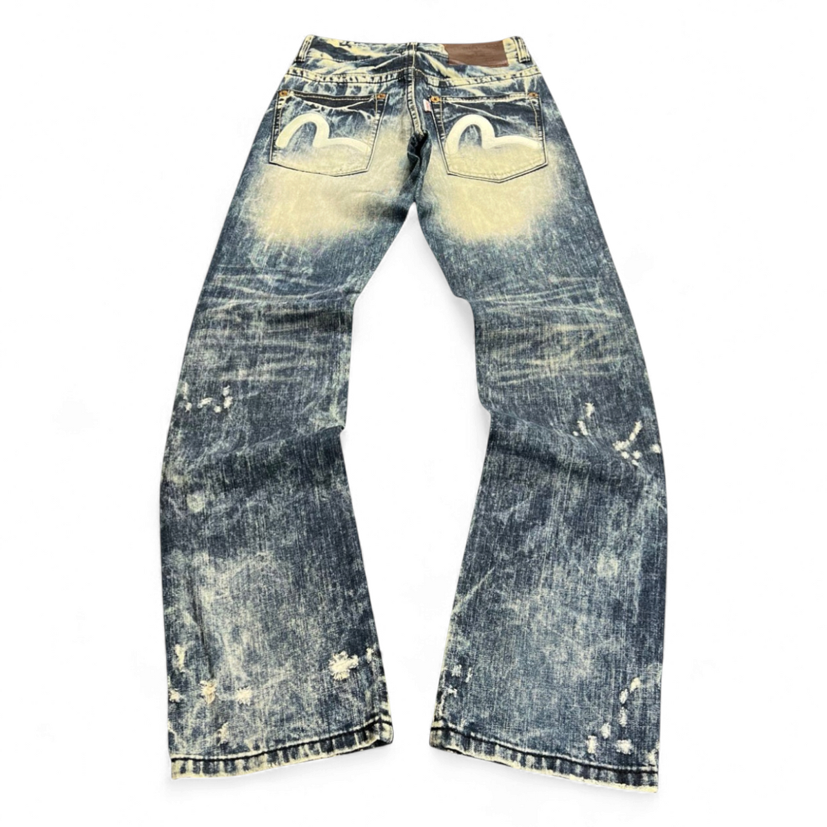 TWC Vintage women's straight leg jeans in distressed blue denim with iconic white painted seagull back pockets