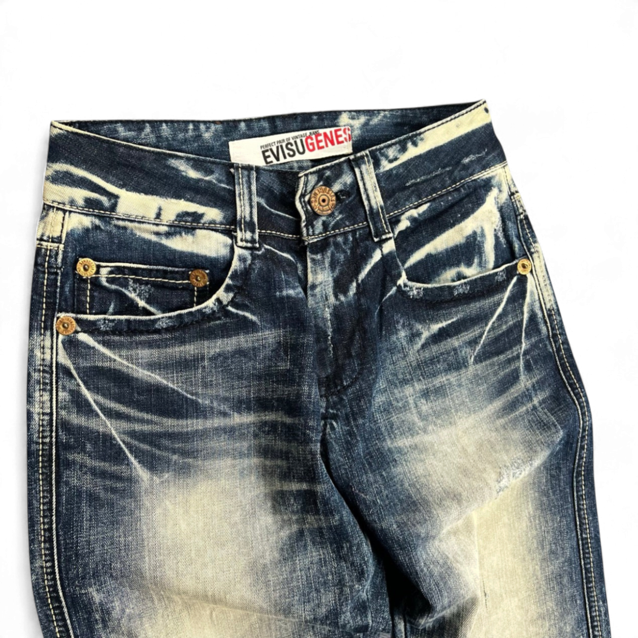 TWC Vintage women's straight leg Evisu Genes denim jeans featuring a distressed dark blue acid wash finish.