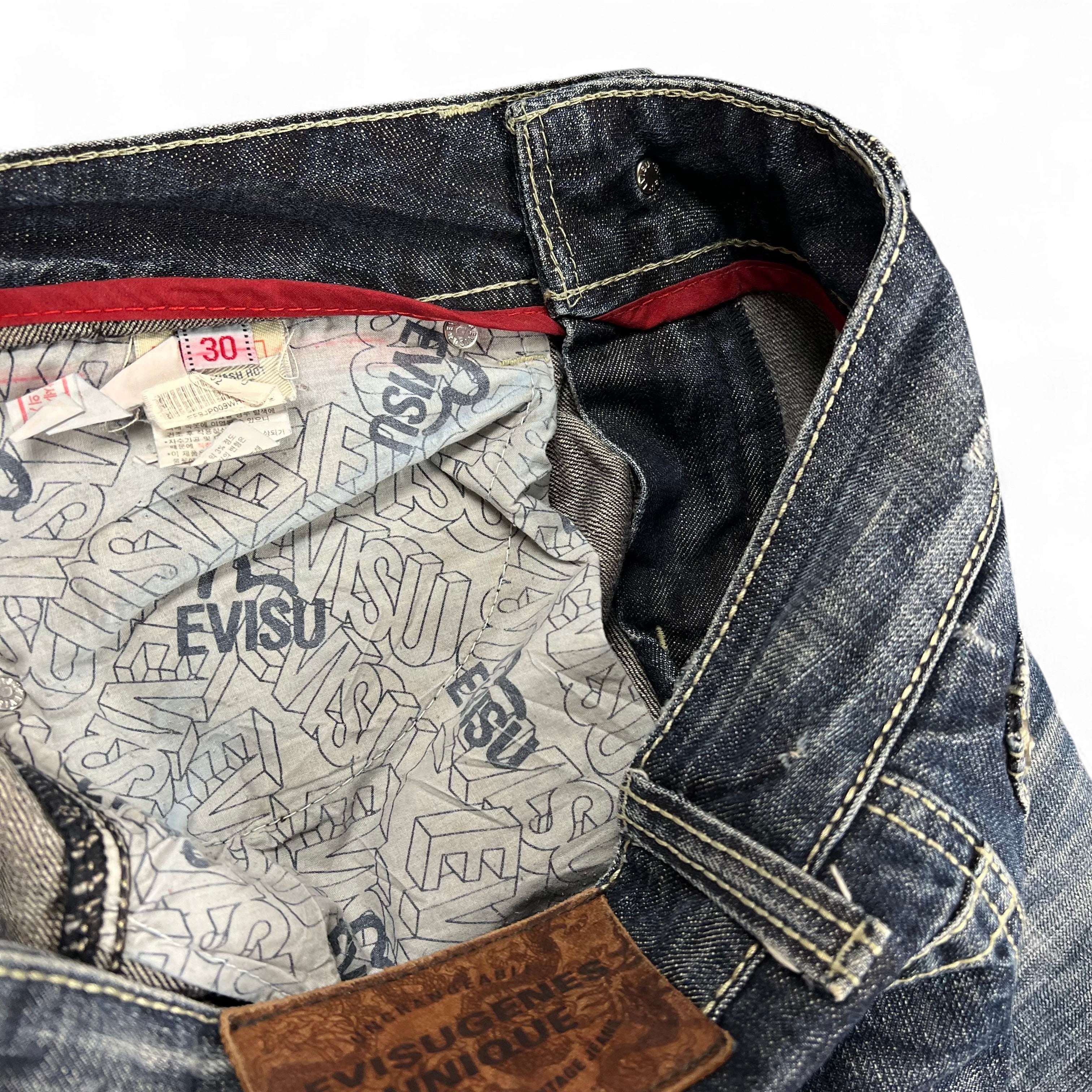TWC Vintage Evisu KC Straight Jeans mit blauem Denim, rotem Innenfutter und bedrucktem Innenstoff